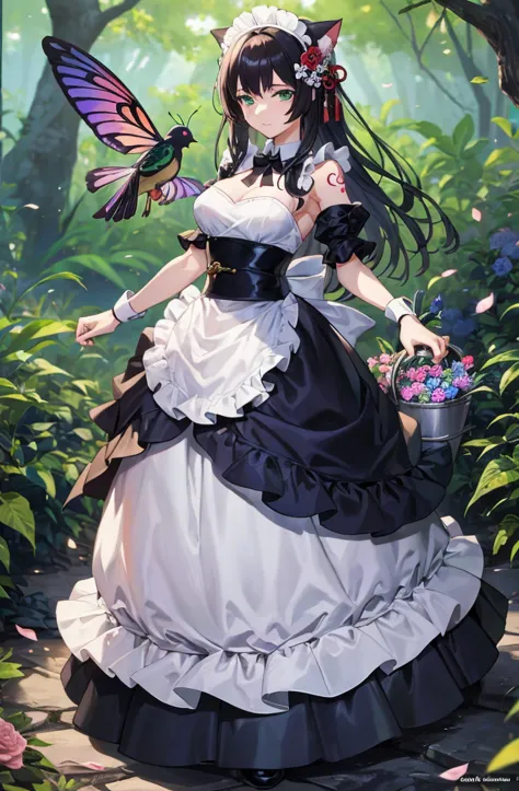 Anime girl in white dress with bucket of flowers, a maid in a magical forest, anime girls in maid costumes, lolish, anime maids ...