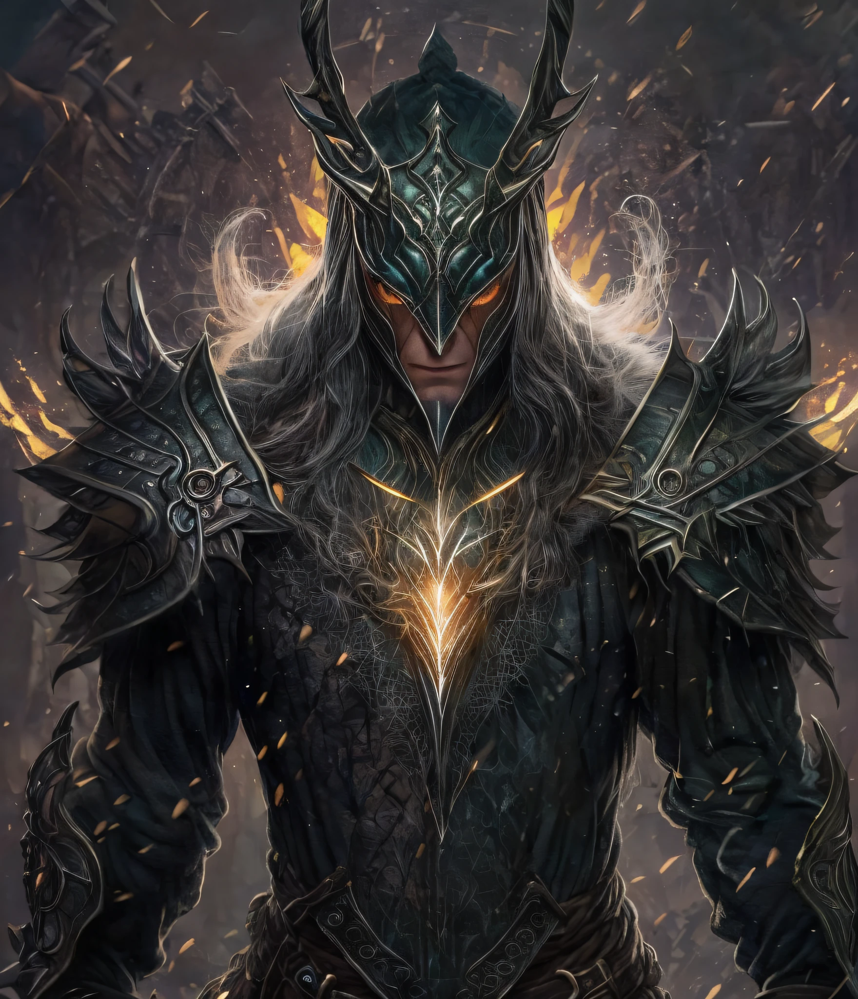 Sauron com sua armadura, anime de uma peça, homem, aretes, cara, cabelo verde, joia, enfoque masculino, área livre, cabelo curto, corpo simétrico, retrato, iluminação cinematográfica, alto contraste, estação de arte, arte conceitual do personagem, 8k, fundo simples, cicatriz sobre um olho