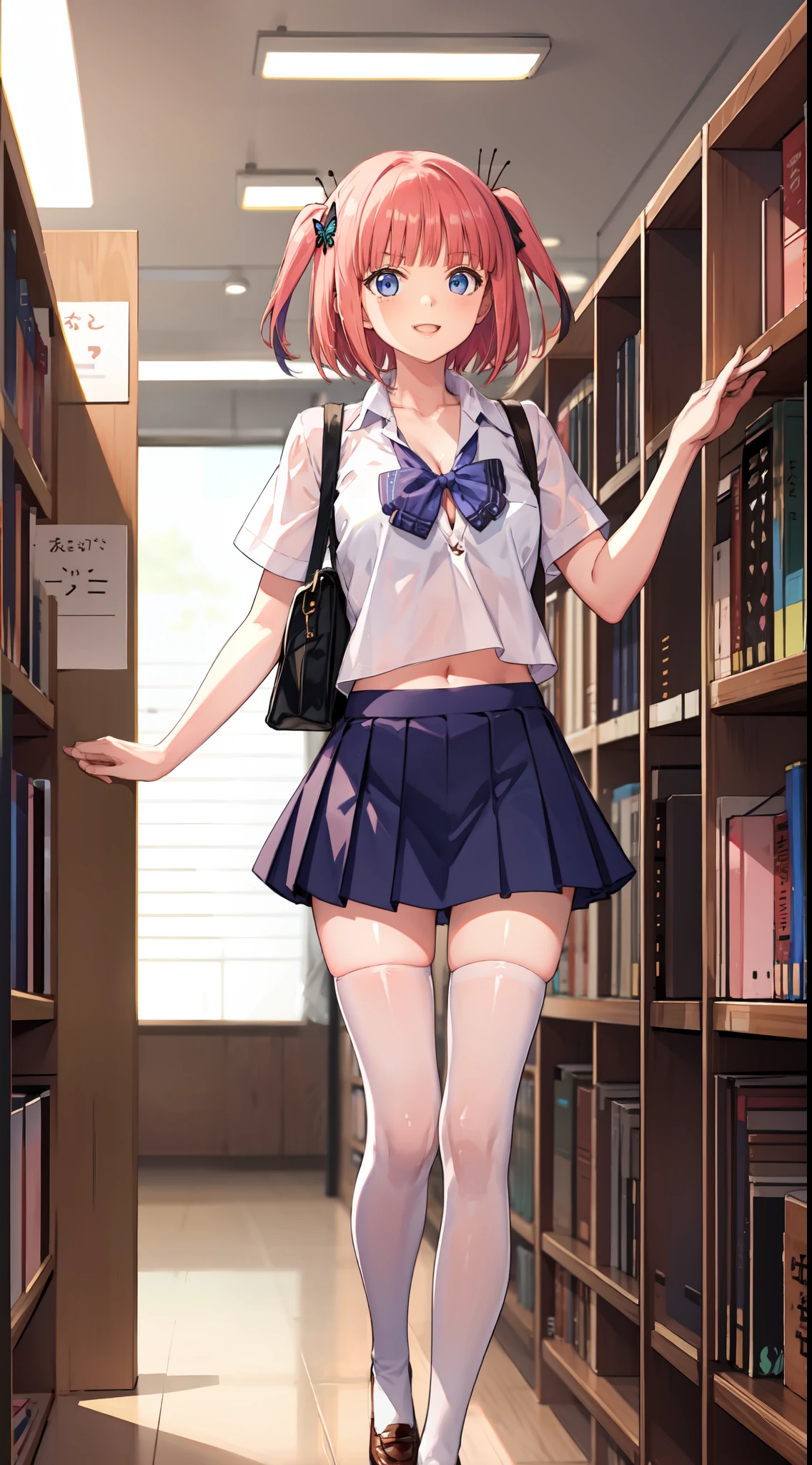 nakano_nino, short hair, slim legs, happy, cleavage, short skirt, navel, blue eyes, school uniform, thigh high socks, stand, library, pink hair, butterfly hair ornaments