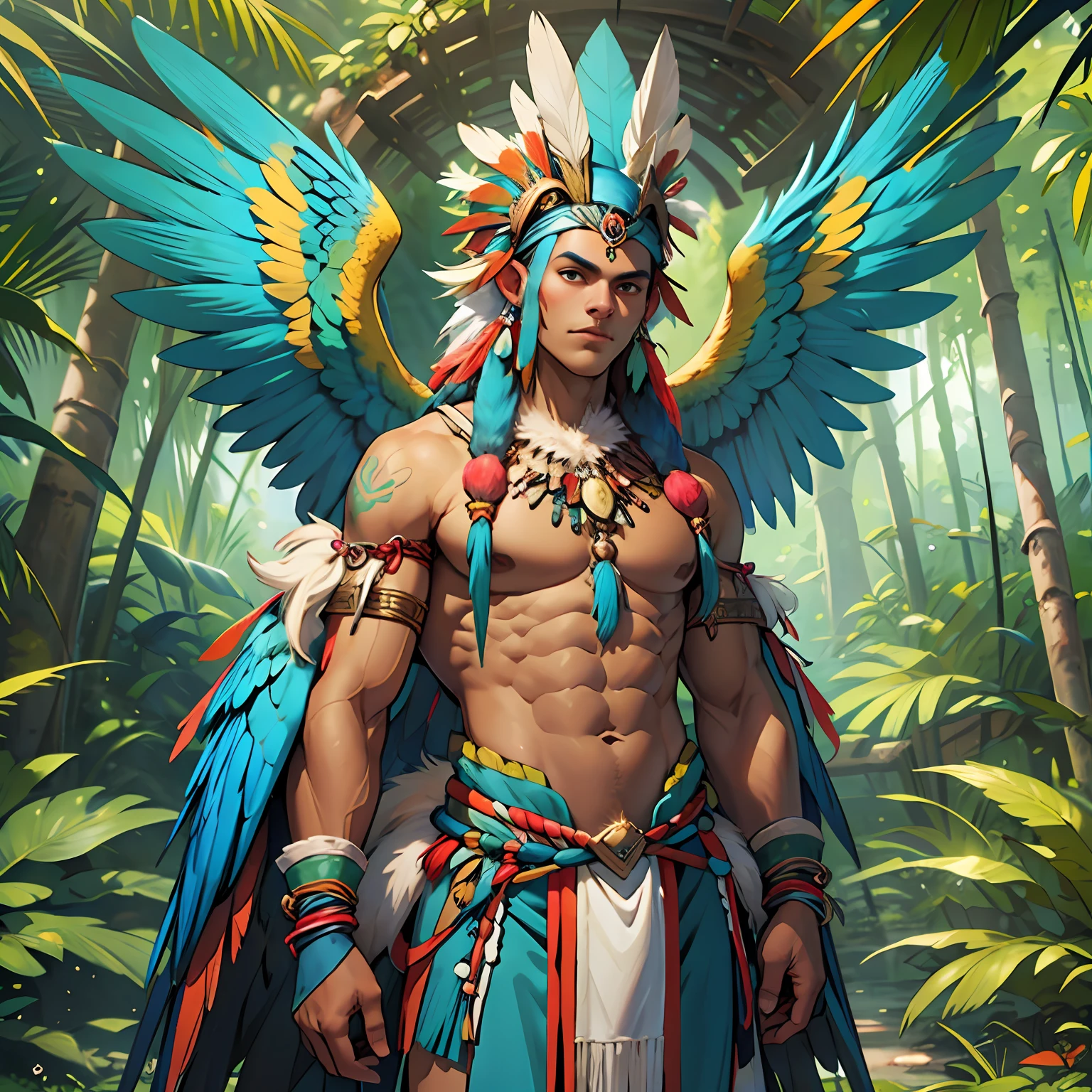 Peau brune indigène de dieu humanoïde anthropozoomorphe avec des ailes d&#39;ara bleues et un corps humain et quelques plumes d&#39;ara bleues sur le corps, corps parfait, gardien sacré de la forêt, brésilien, paysage divin amazonien, vêtements tupi guarani