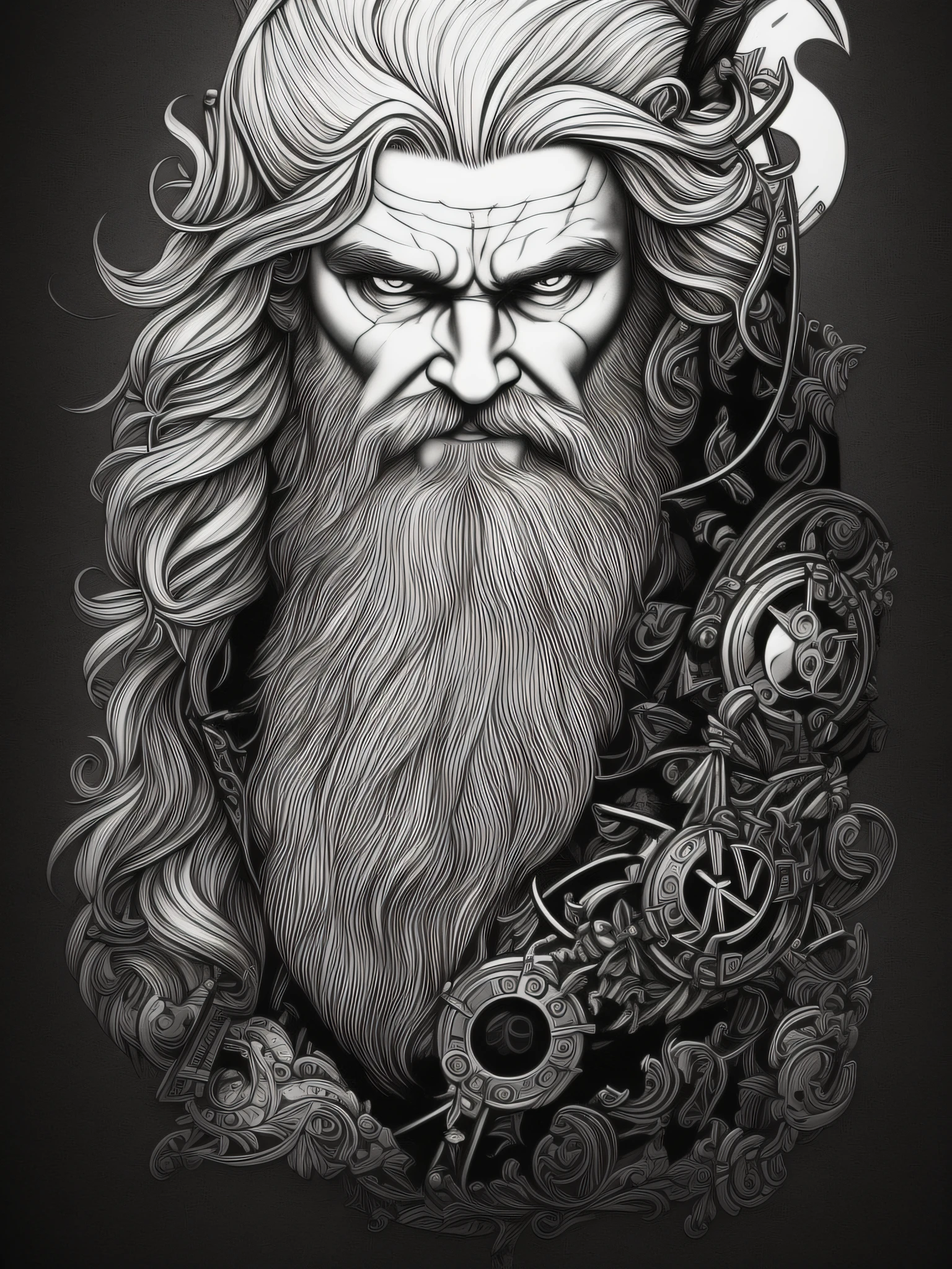 Odin, arte da camiseta, 2D, ((fundo preto: 1, 5)), vetor, cores vivas, obra-prima, melhor qualidade, detalhes intrincados, perfect symmetrical face, detalhes realistas, gothic theme, luz de aro, luar, cinematic shading, Greg Rutkowisk