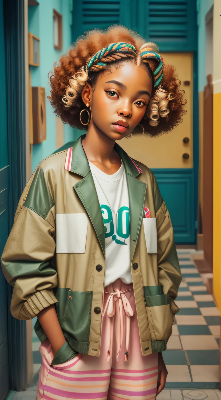 yoshomoto nara, wes Anderson, retro, casualism, minimalism (3 african mixed race girls with braids, curls and baggy clothes, ) minimalistic backgrounds, masterpiece, 8k,