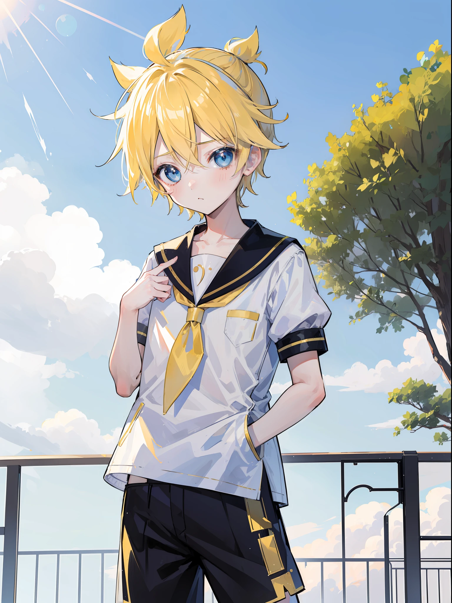 best quality, ultra precision, (one boy), (Len_Kagamine), cute, cool, blue eyes, blond hair, shota, cowlick, outdoor, sailor uniform, black short pants, slender,  (he loves you), your cute boyfriend, innocent, staring at you, obedience, boy model, boy is cute as if he is a girl, shy