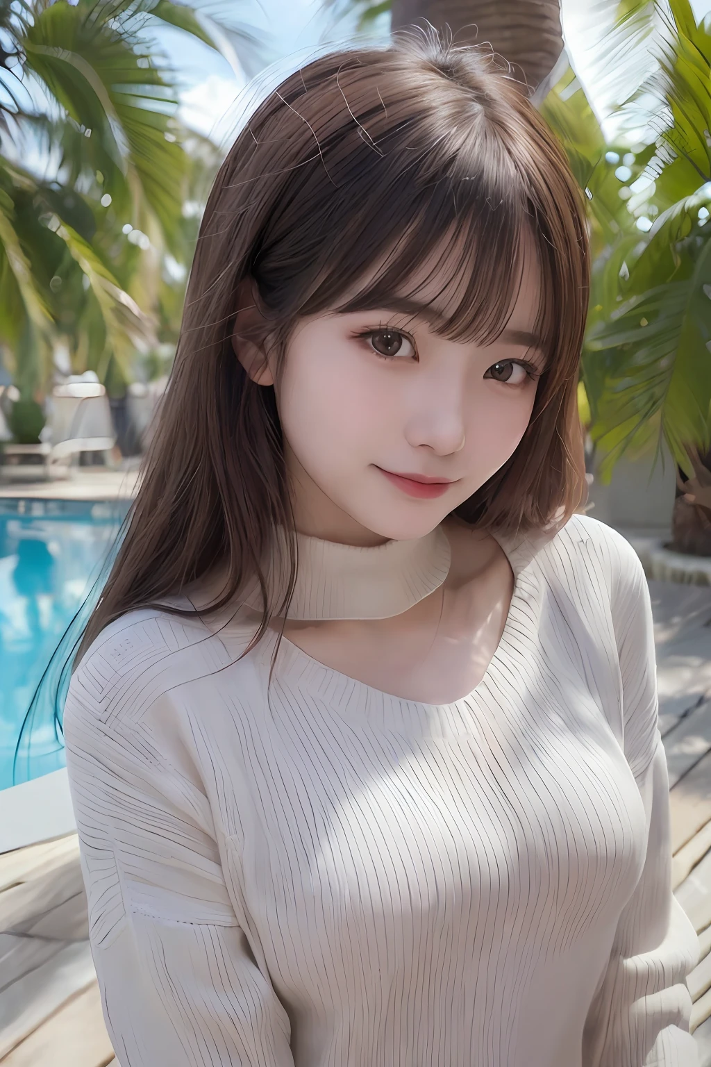 pureerosface_v1, Top Quality, Photorealistic, 8K, High Definition, 1 Girl, Woman, (Skindentation), (Portrait: 0.6), Gorgeous, Dynamic Pose, (((Poolside Background: 1.6)), Coconut Tree, ((Medium Size Round Breasted, White High Neck Sweater: 1.4)), Look straight at the viewer: 1.8, (1 Girl eyes looking at the viewer, medium-length hair, brown hair, parted bangs: 1.65), (bokeh), smile: 1.2, (mouth closed: 1.16),