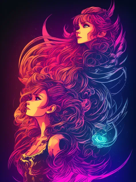 freyja, 2d t-shirt art, epic illustration, vector, 2d illustration, black background, very colorful, full gradient modern colors...