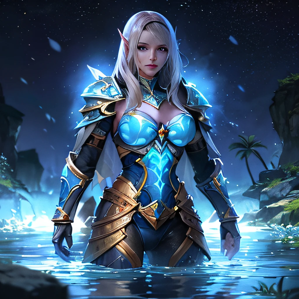 A closeup of a woman in a blue outfit standing in the water, water armor, fantasia paladin mulher, picture of female paladin, Retrato do Paladino Feminino, trending in the artstation, luzes brilhantes na armadura, epic mage girl character, arte de splash do personagem, clothed in ethereal battle armor, Alexandra Fomina Artstation, mago feminino, female paladin