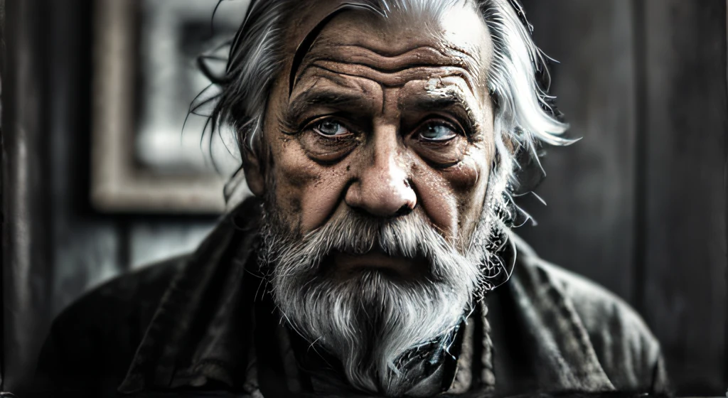 A portrait of poor russian 1800 old worker in rags, ((overwhelming fatigue )), wrinkles of age, concept art, oil pastel painting , moody gray colors , gritty, messy stylestyle of Alexey Savrasov, Ivan Shishkin, Ilya Repin, (cel shaded:1.2), 2d, (oil painting:1.2) highly detailed