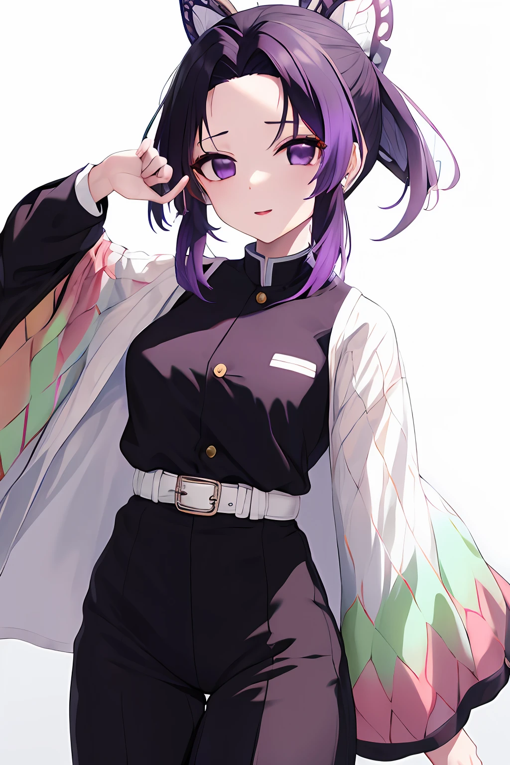 master part, best quality, Altas, 1girl, sozinho, Kochou Shinobu, ornamento do cabelo da borboleta, Purple eyes, cabelos multicoloridos, short hair, franja separada, Haori, mangas largas, black pants, Black jacket, belt, cowboy shot, Floresta, Noite, lua