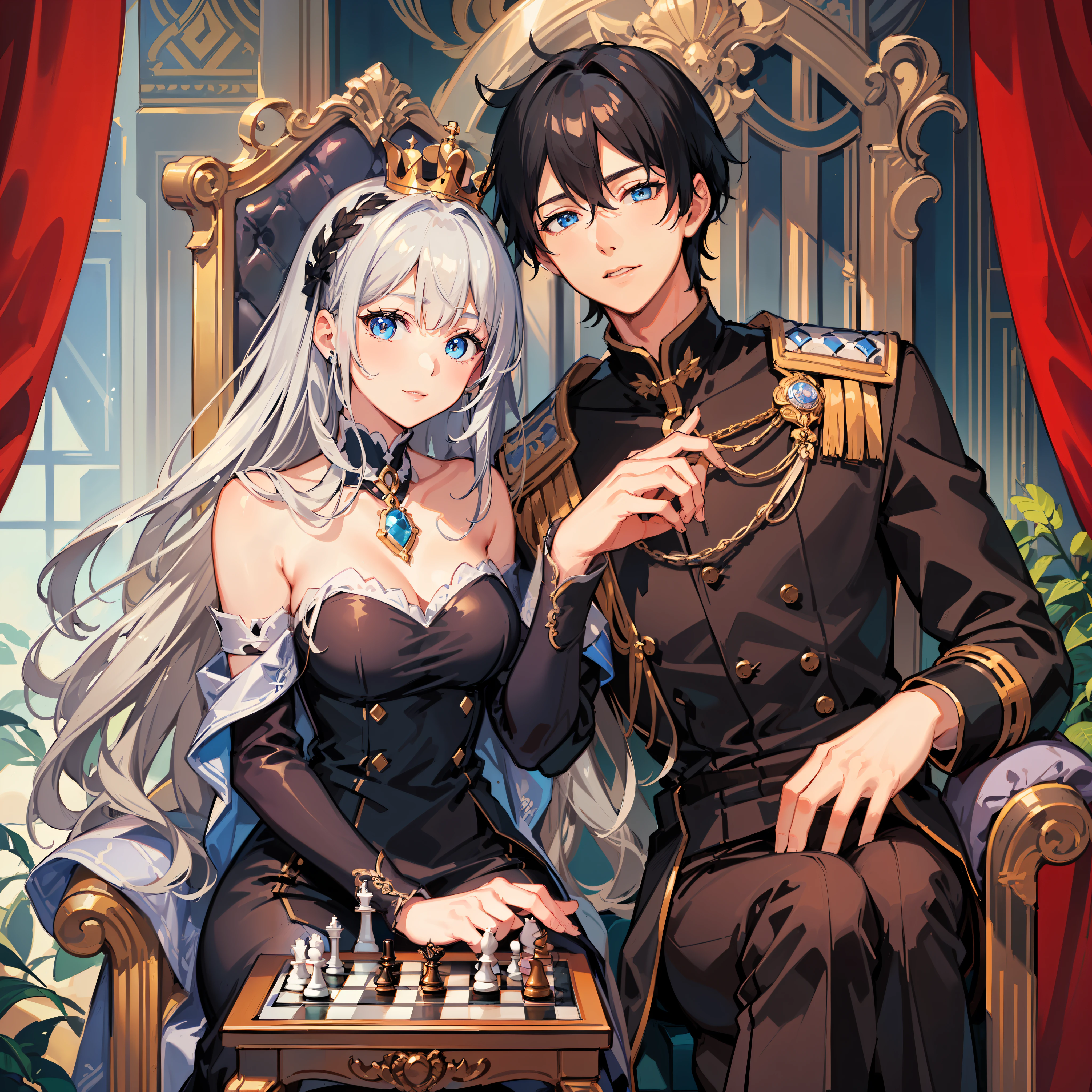 ((Masterpiece: 1.2, top quality, 8k, HD)), ((2 people)), (a couple, a lover, holding hand ((1 female, silver hair, blue eyes (beautiful)), ((chess board)), ((1 male, black hair, blue eyes, handsome, (masculine) ))), ((fantasy academy uniform)), medieval, magic, fantasy vibe, natural smile, soft lighting, chess piecess, detailed accessories, chess symbol badge, for novel cover, big dreamy eyes, chess table, the woman sitting on the throne, the man standing on the back, good proportion, well drawn chess, detailed face, detailed hand, queen and king