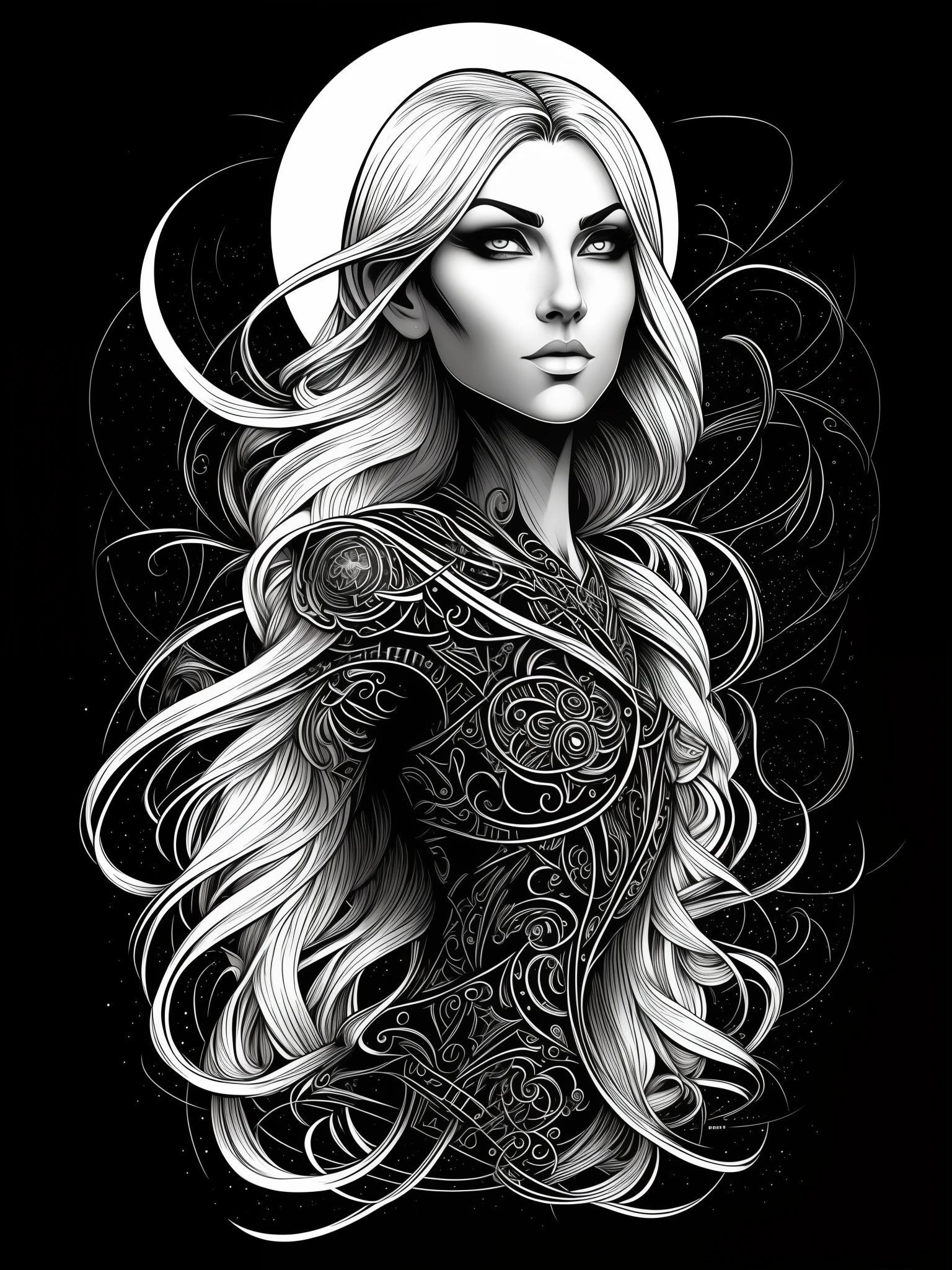 nordic eir, t-shirt art, 2D, ((black background :1, 5)), vector, vivid colors, masterpiece, best quality, intricate details, perfect symmetrical face, realistic details, gothic theme, rim light, moonlight, cinematic shading, Greg Rutkowisk