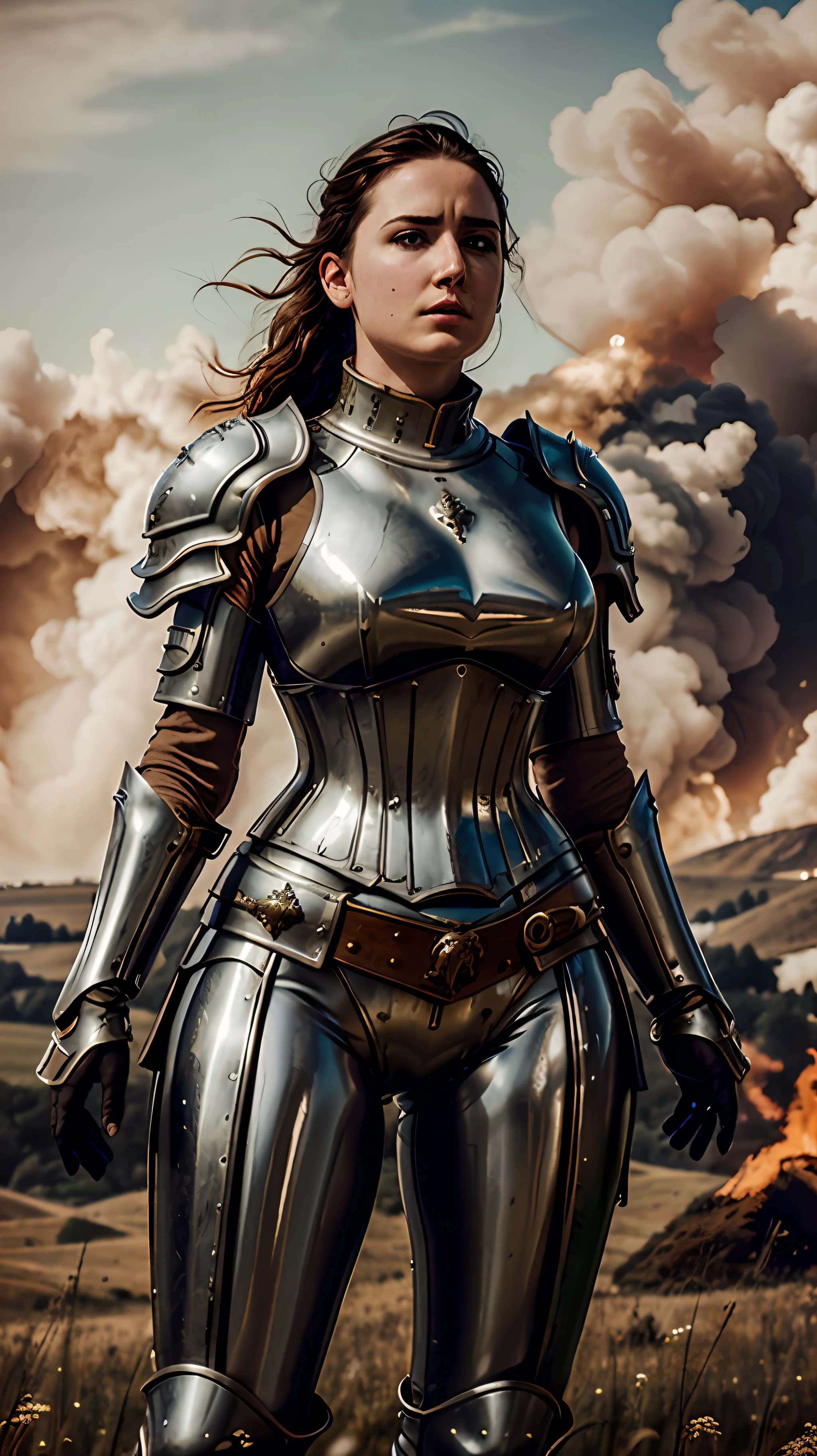 Masterpiece, cinematic landscape, best quality, baroque, realistic, european woman, beautiful curves, white roman medieval armor, worn armor, upper body, looking at the viewer, open field, battlefield, catapult, fire and smoke