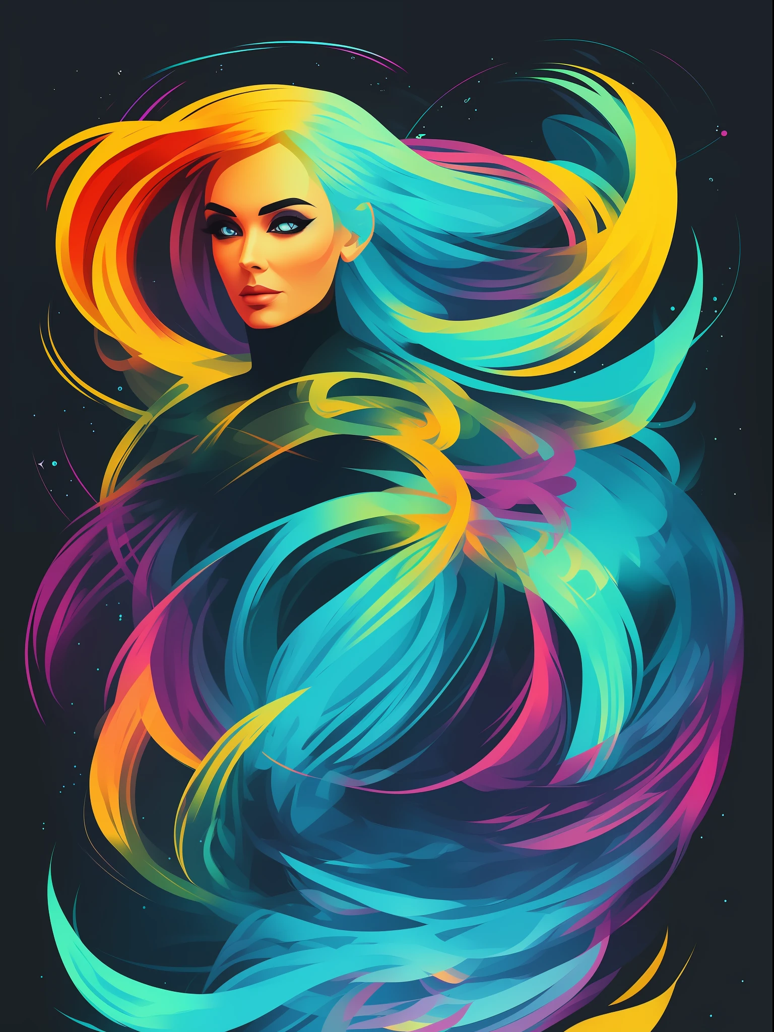 nordic eir, 2D t-shirt art, epic illustration, vector, 2d illustration, black background, very colorful, full gradient modern colors, Focused, front view