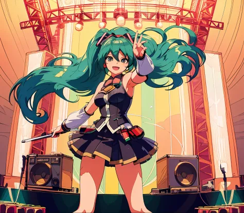 1girl, hatsune miku, twintail, singing, concert vibes, stage background, cheerful, colorful