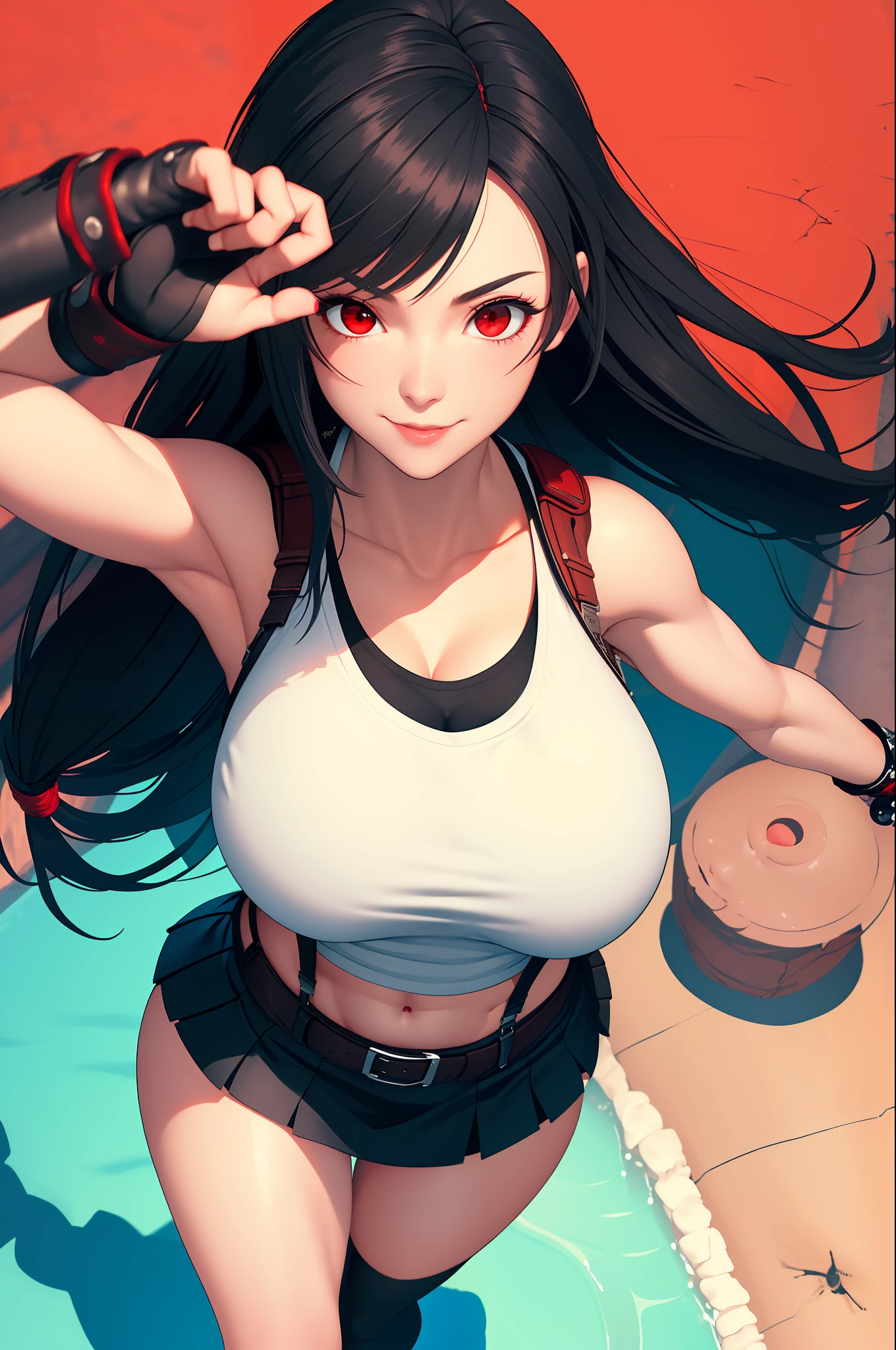 Highly detailed, High Quality, Masterpiece, beautiful, TifaOG, white tank top, black miniskirt, 1girl, solo, cowboy shot, light smile, arm behind back, red eyes (very huge breasts) sfw, covered breasts(view from above)