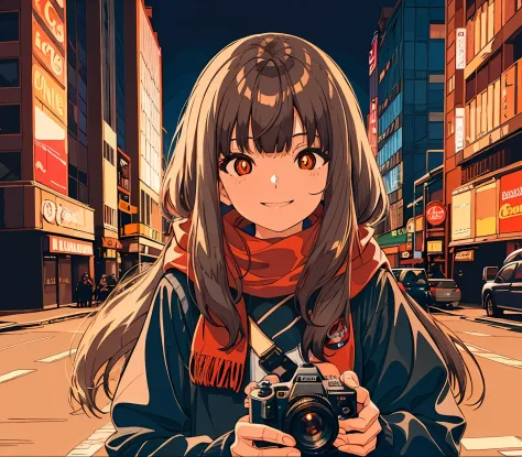 1girl, 172 centimeter height, long wavy brown hair, orange pupils, red scarf, smiling, holding dslr camera, city background, sun...