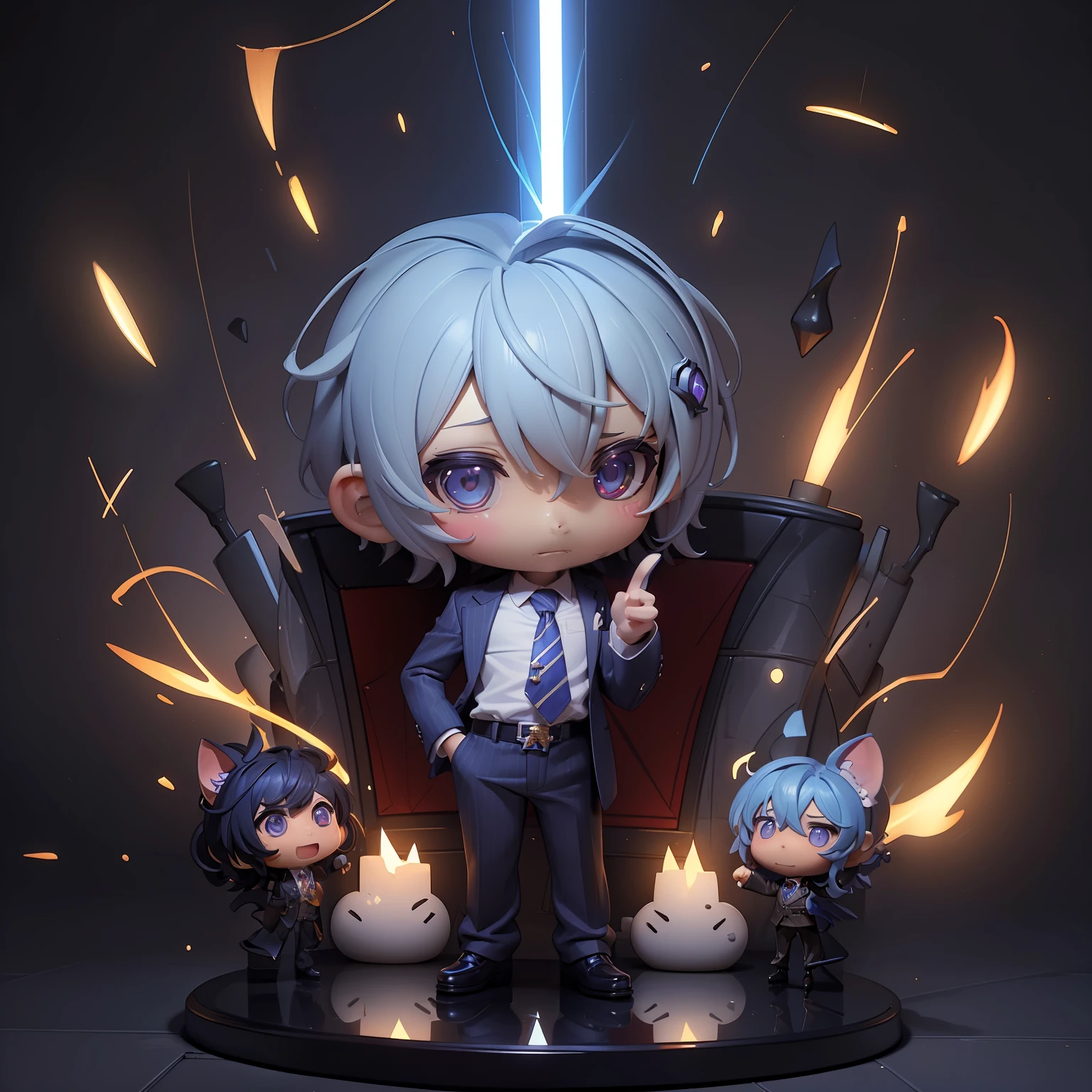 (((chibi：1.5)))Menino chibi,Penteado azul de corte curto,usando óculos escuros brilhantes,Terno risca de giz,Usando uma gravata com um padrão de coração,Luz de borda da figura、antropomórfico、iluminação dramática、8K、portar、realista、fotorrealismo、cinematic、detalhes intrincados、iluminação cinematográfica、Fotoreal 8K、Motor irreal
5、ultra-detalhado、arte digital,Chibichara,personagens de anime,estatueta,3d,