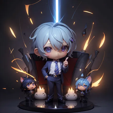 (((chibi：1.5)))boy chibi,Blue short cut hairstyle,Wearing shiny sunglasses,pinstripe suit,Wearing a necktie with a heart pattern...