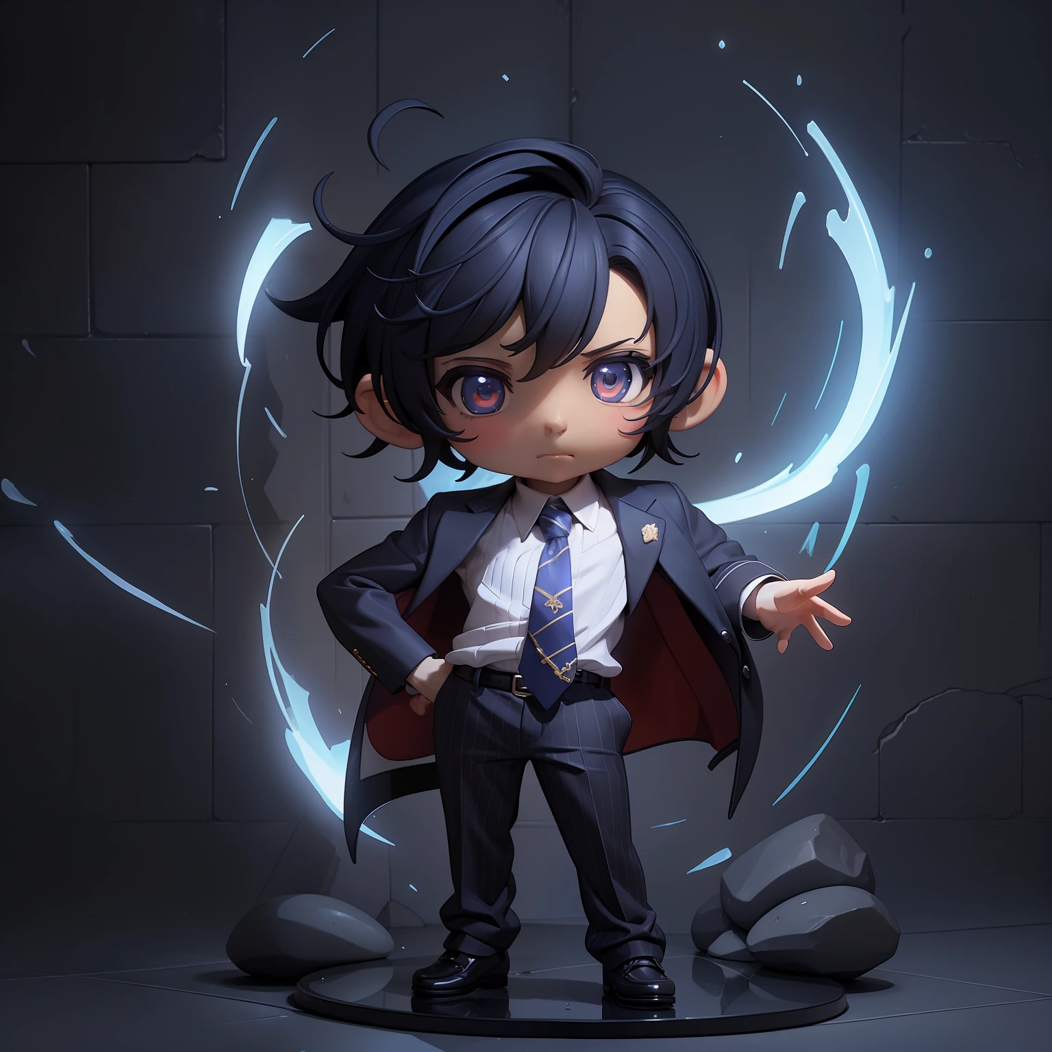 (((chibi：1.5)))boy chibi,Blue short cut hairstyle,Wearing shiny sunglasses,pinstripe suit,Wearing a necktie with a heart pattern,Figure Edge Light、Anthropomorphic、dramatic  lighting、8k、portlate、realisitic、photorealisim、cinematic、intricate detailes、Cinematic lighting、Photoreal 8K、Unreal Engine
5、ultra-detailliert、digitalart,Chibichara,Anime Characters,figurine,3d,