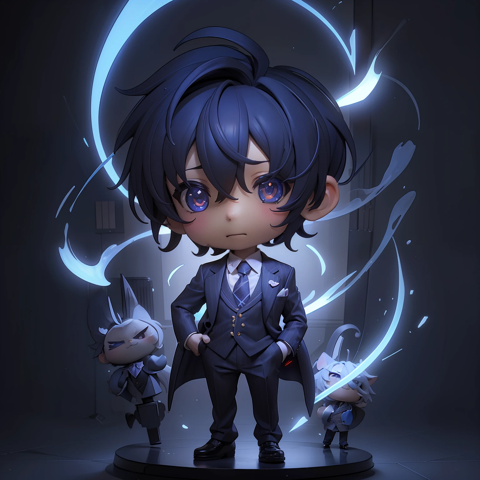 (((chibi：1.5)))boy chibi,Peinado corto azul,Llevando gafas de sol brillantes,traje a rayas,Llevando una corbata con estampado de corazones,Luz de borde de figura、antropomórfico、iluminación dramática、8K、portlate、realisitic、fotorrealismo、cinematográfico、detalles intrincados、iluminación cinematográfica、Fotorrealista 8K、Motor irreal 5、ultra detallado、digitalart,Chibichara,personajes de anime,figurilla,3D,