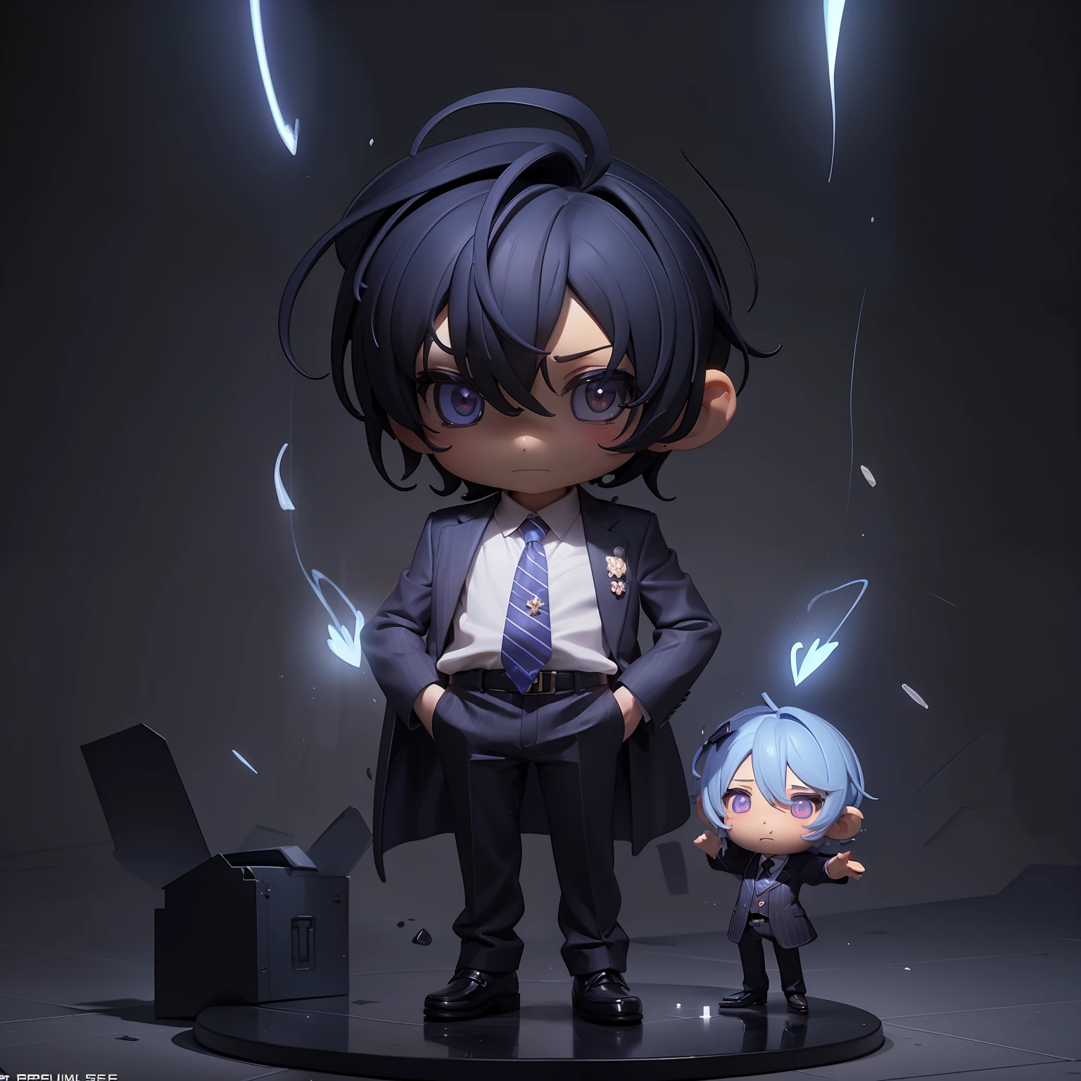 (((chibi：1.5)))Menino chibi,Penteado azul de corte curto,usando óculos escuros brilhantes,Terno risca de giz,Usando uma gravata com um padrão de coração,Luz de borda da figura、antropomórfico、iluminação dramática、8K、portar、realista、fotorrealismo、cinematic、detalhes intrincados、iluminação cinematográfica、Fotoreal 8K、Motor irreal
5、ultra-detalhado、arte digital,Chibichara,personagens de anime,estatueta,3d,