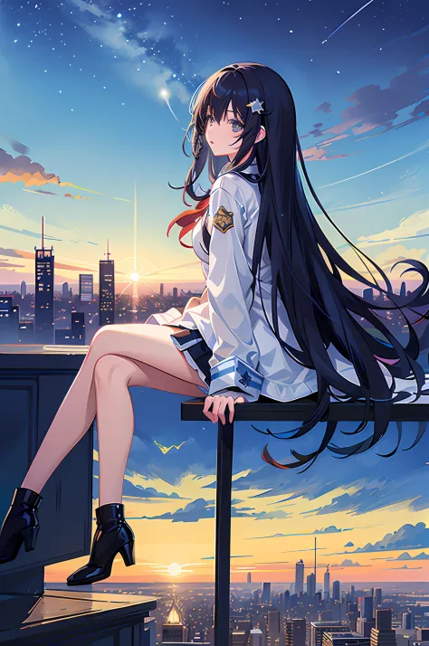 Anime girl sitting on a ledge overlooking the city at night, Anime art wallpaper 8k, anime style 4 k, 4k anime wallpaper, anime wallpaper 4k, anime art wallpaper 4k, anime wallpaper 4 k, anime art wallpaper 4k, Gazing at the Sunset. Anime, Kantai Collectio...