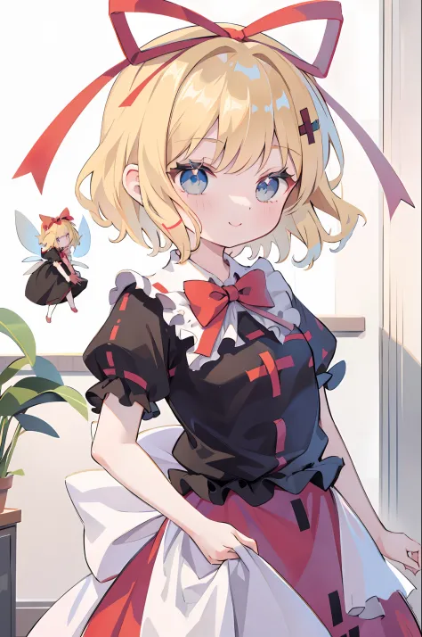 masutepiece, Best Quality,   Ms. Sue, Blonde hair, Blue eyes, Bow, Short sleeves, Skirt, Puffy Short Sleeves, Wings, Puffy sleev...