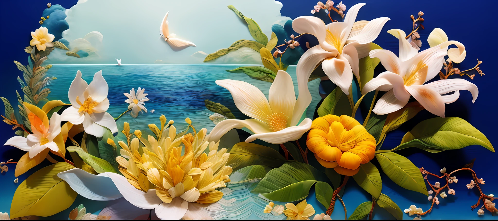 Melhor qualidade, obra-prima, ultra alta res, foto realista: 1.4, surrealismo, oniric, Stephanotis floresce, arte abstrata, bordado.