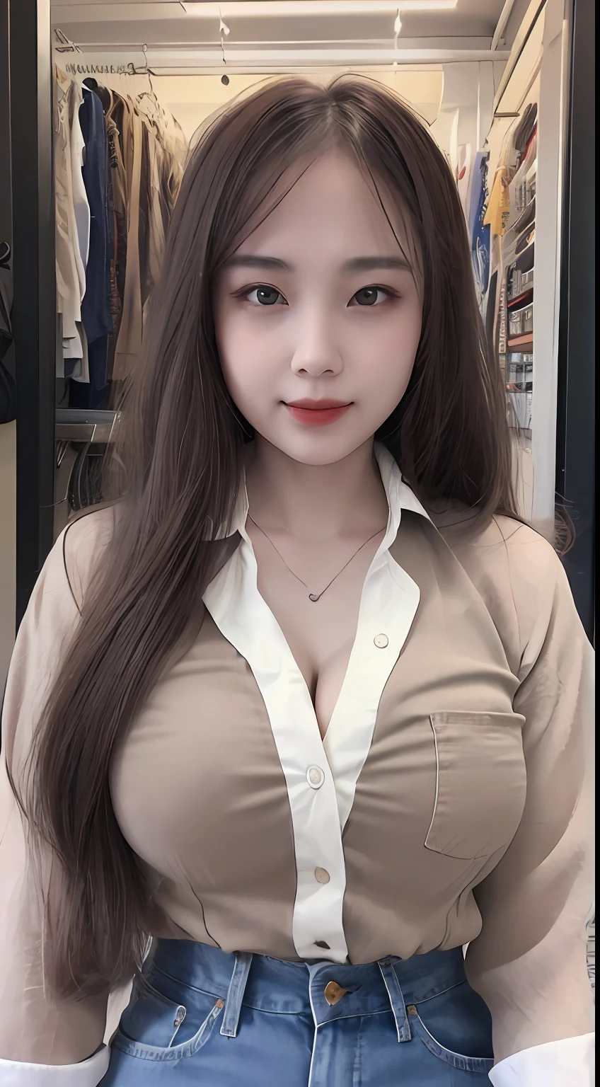 top-quality、16 K、​masterpiece:1.3))、1 slender beauty:1.5、(F Cup Breast:1.1、Slender  Abs:1.2)、(Brown straight long hair)、(Ultra Detailed Face and Skin  Texture、ultradetailed eyes、double eyelid、Ultra-detailed eyes)、(CanonEOS、F/2.8)、((Huge