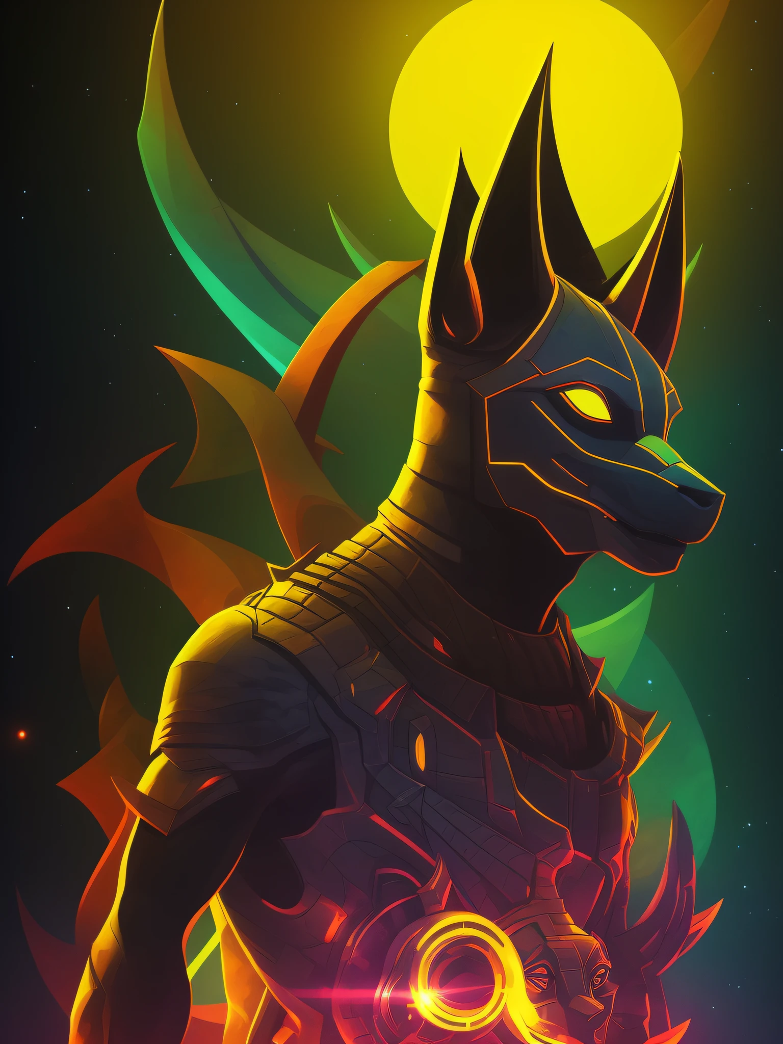 Anubis, 2D t-shirt art, epic illustration, vector, 2d illustration, black background, very colorful, full gradient modern colors, Focused, front view