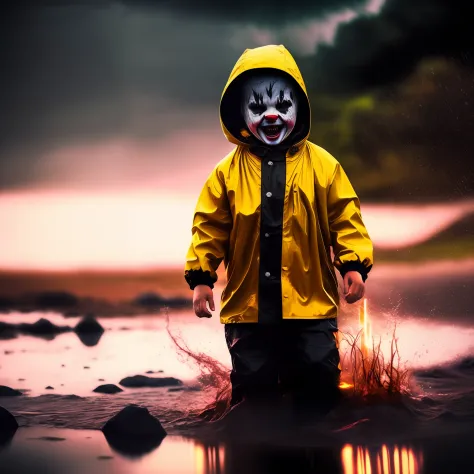 (A boy in a yellow raincoat, little boy, screaming and twitching in muddy water, which overlapped his face, Why the screams were partially choked, bubbling.) Clown with burning eyes, Creepy smile in the background. Horror Style by Giger and Beksinski 4K tr...