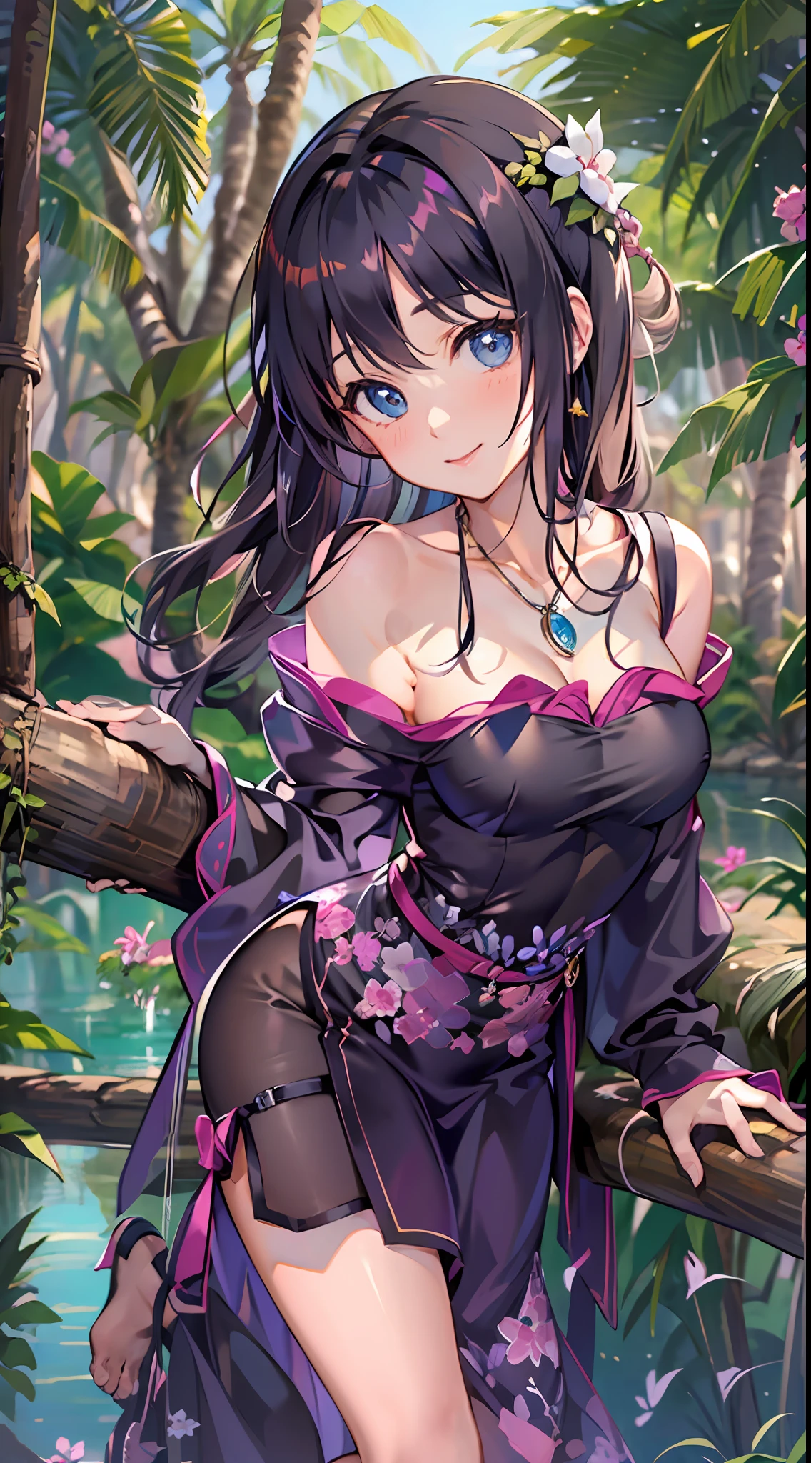 Masterpiece, top quality, in the forest, lake, nature, bathing woman, Japanese woman, beauty, 2, attractive waist circumference, big ass, very small breasts, long black hair, smile, soft expression, high leg, (full nude), supple body, outstanding proportions, pose, necklace, accessories, full body, solo, single woman, frontal, (detailed face), (beautiful eyes), (big eyes) , soft body, Sanae Kochiya