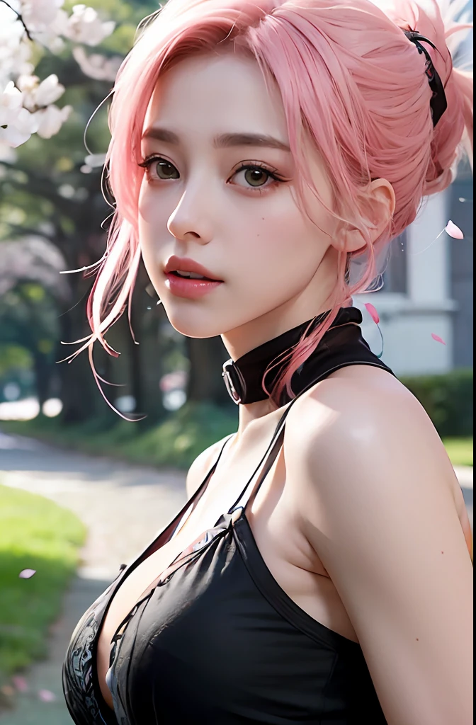 "extremely detailed CG unity 8k wallpaper", "masterpiece", "best quality", "ultra-detailed", "beautiful anime girl Sakura Haruno", "dynamic angle", "dynamic pose", "pink hair", "green eyes", "ninja attire", "cherry blossom petals", "watercolor", "breathtaking scenery")