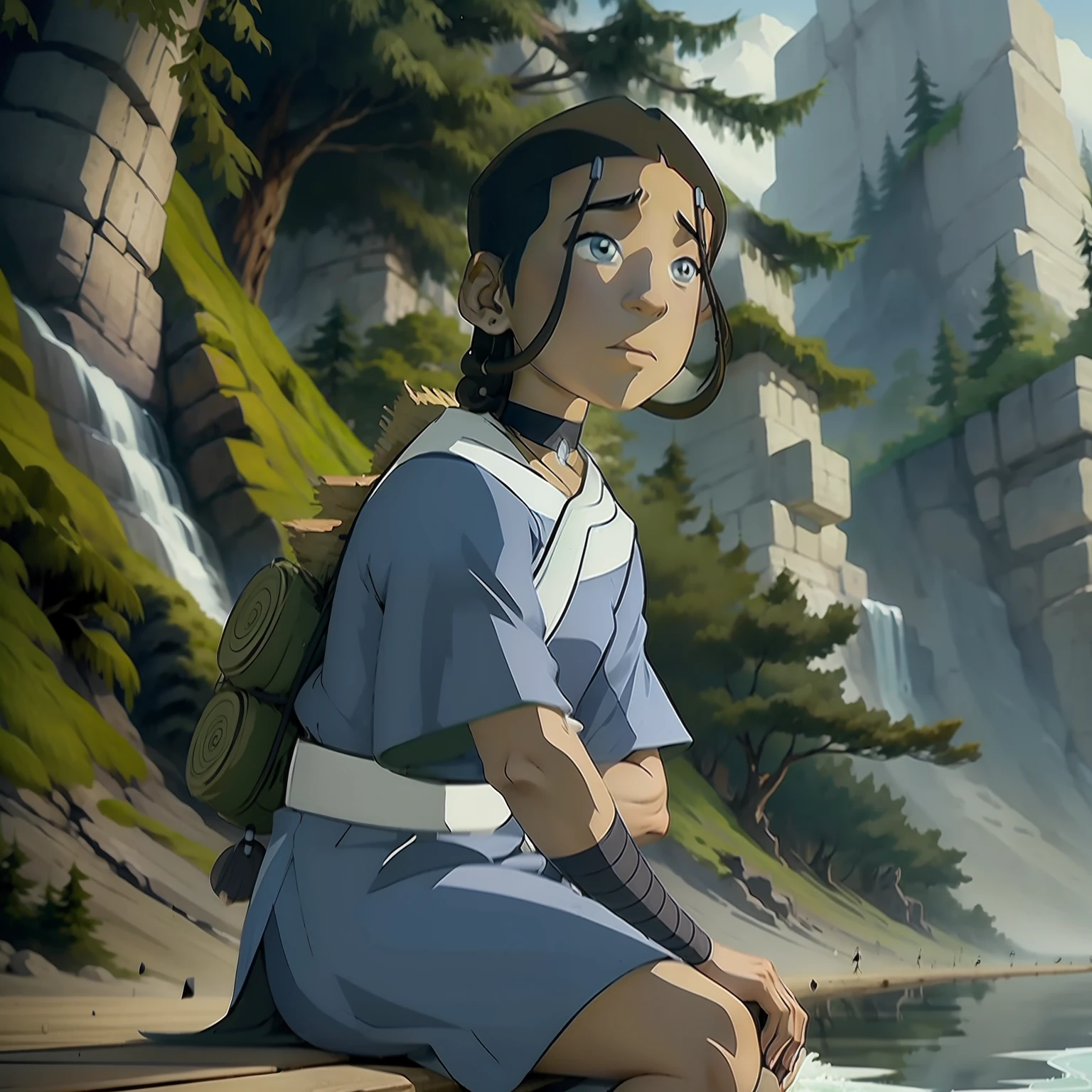Katara at the shore of the water, in a sitting position, in front of a forest background