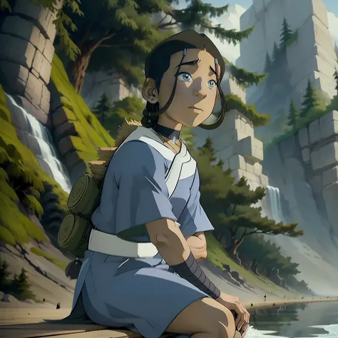 katara at the shore of the water, in a sitting position, in front of a forest background