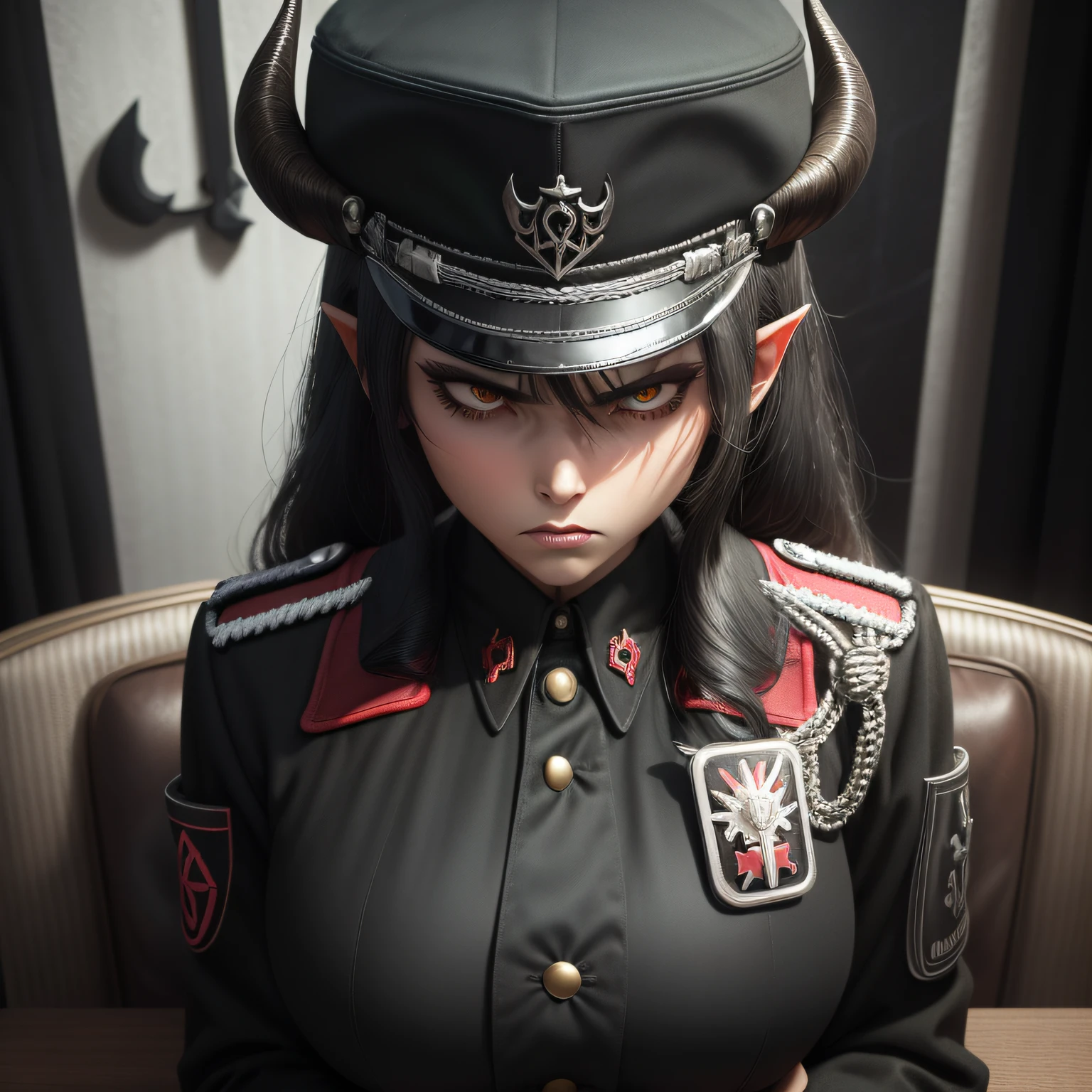 Woman with very dark black hair with horns and horns on her head sitting at a table,  anime demon, 2. 5 d CGI动漫奇幻艺术作品 | | | | | | | | | | | | | | | |, portrait of demon girl, 3 d render character art 8 k, Demon girl, detailed digital anime artwork, deviantart artstation cgscosiety, Succubus bonito | | | | | | | | | | | | | | | |, arte conceitual escura fotorrealista, Highly detailed 4K digital art, militar, (((Military cap on head))), (((brawny))), (((angry expression))), folded arms, expression of contempt, Focus under the chin, low light, muscular woman, (((scary))).