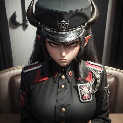 Woman with very dark black hair with horns and horns on her head sitting at a table, menina anime demon, 2. 5 d cgi anime fantas...