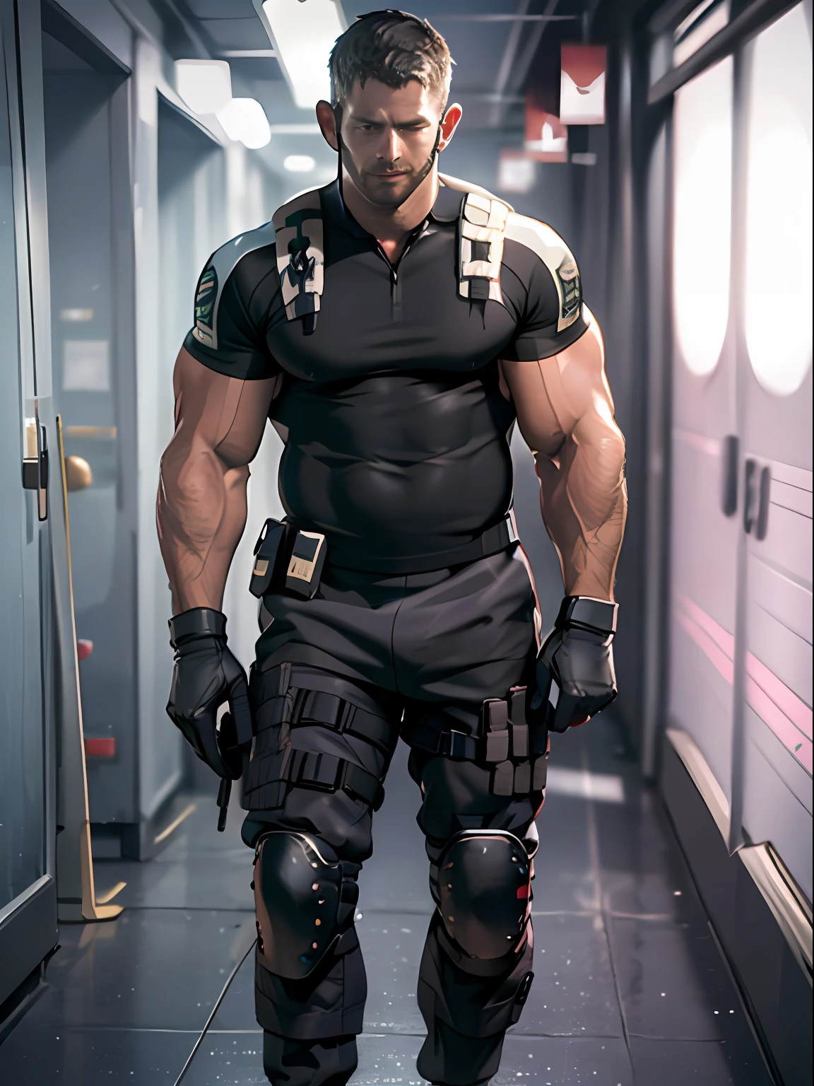 1male people， full bodyesbian，solo， 35yo，One meter 85 Chris Redfield， of a shirtless， There are a large number of black tattoos on the upper body，Bad laughs， There is a black muscle tights on the abdomen，Black double-buting sports panties， Tall and burly， biceps， abs， boobgasm，The legs are muscular，Black tight muscle metal leg guards，Black Special Forces tactical gloves， best qualtiy， Black sport socks，tmasterpiece， A high resolution：1.2， full body shot shot， dark black gloomy hallway in the background， Detailed face， shadowing， Volumetriclighting， Center focus， low camera angle