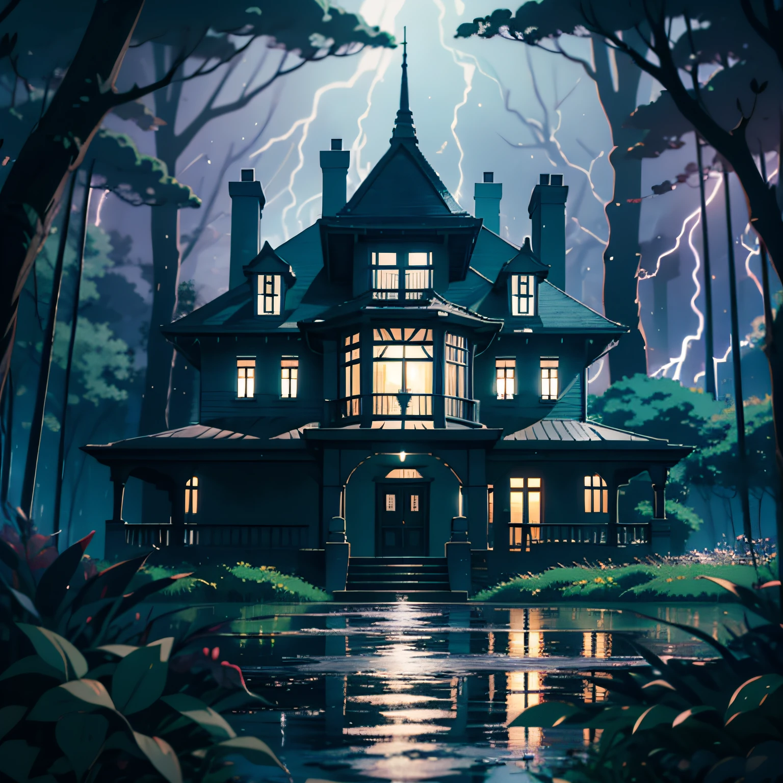 аниме стиль, Особняк с привидениями посреди леса ночью, высохший лес, передний план, страшный, дождь, дождь intensa, молнии