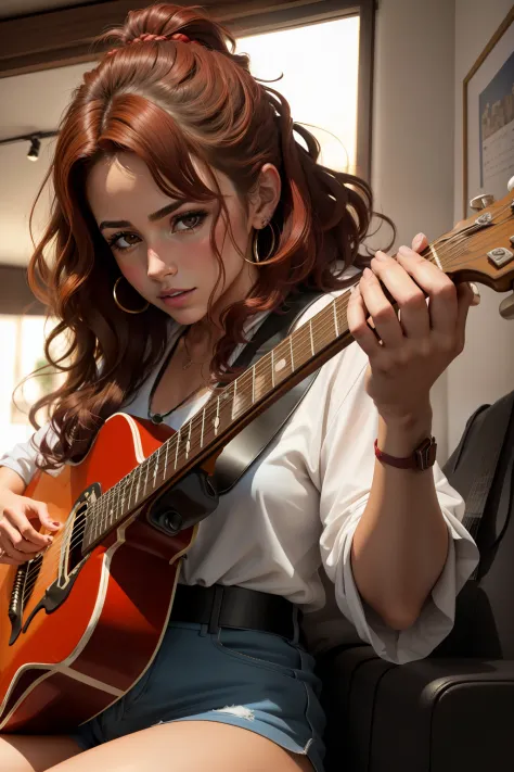 retrato de cuerpo completo de una mujer de pelo rojo tocando la guitarra [Ciudad], [Medio Dia] piezamaestra, super detallado, in...