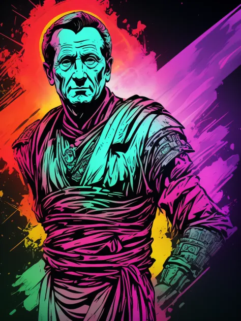 bust emperor julius caesar, 2d t-shirt art, cyberpunk, epic illustration, vector, 2d illustration, black background, very colorf...