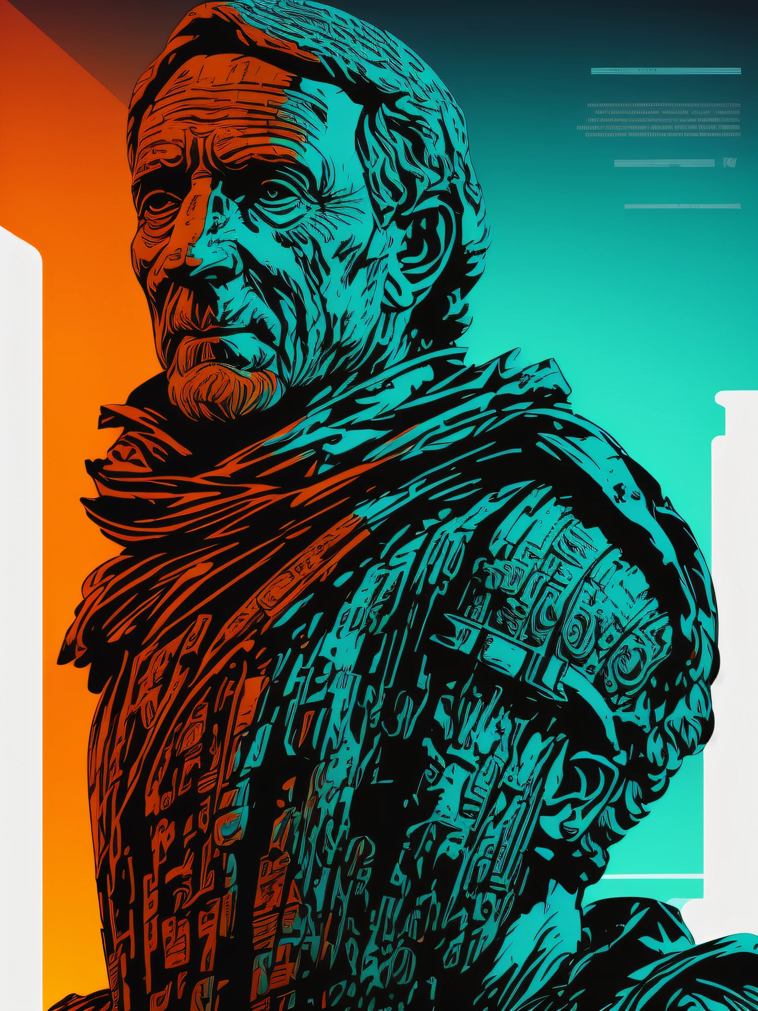 Bust Emperor Julius Caesar, 2D t-shirt art, Cyberpunk, epic illustration, vector, 2d illustration, black background, very colorful, full gradient modern colors, Focused, front view