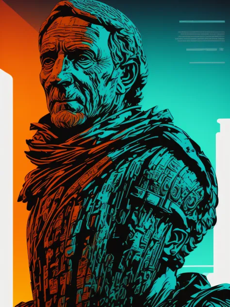 bust emperor julius caesar, 2d t-shirt art, cyberpunk, epic illustration, vector, 2d illustration, black background, very colorf...