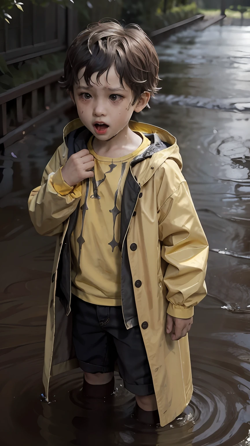 Un niño con un impermeable amarillo., , Gritando y retorciéndose en agua turbia., que se superpuso a su rostro, ¿Por qué los gritos fueron parcialmente ahogados?, burbujeando.