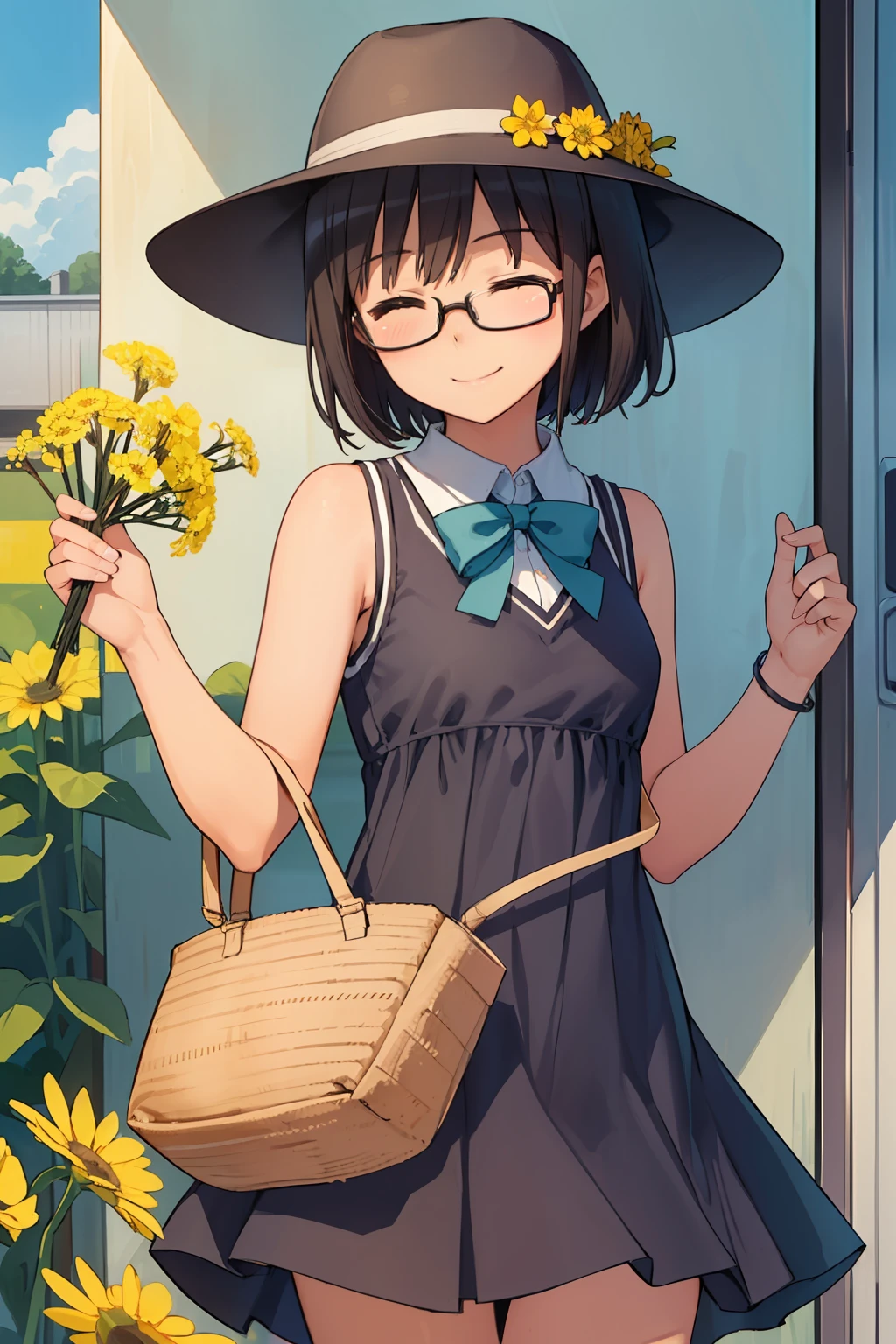 (1 Junior High School Girl、A dark-haired、short-hair、straight haired、hair adornments、eye closed、A smile、Black glasses、、cute  face)、​masterpiece、top-quality、a straw fedora hat、sleeveless dresses、Rapeseed flowers all around