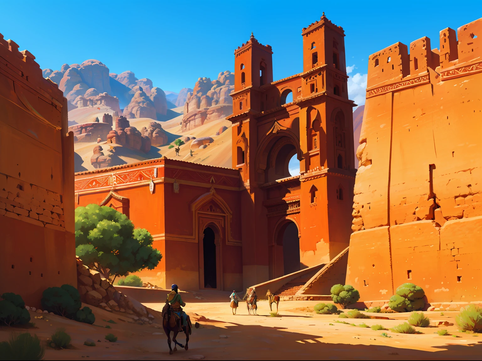 "Capture the breathtaking beauty of an ancient Moroccan town nestled in the Atlas Mountains, under a clear and sunny sky. Feel the gentle breeze rustling through the trees. Ouarzazate, Morocco, Sahara, a subsaharian girl walking peacefully between the montains."