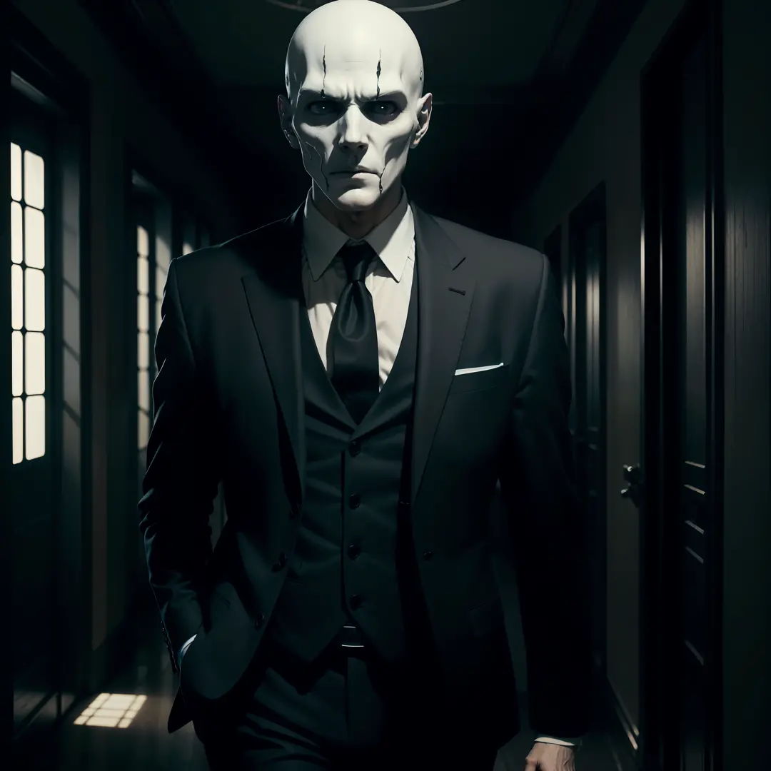 Man in slender, pale suit, with whitish eyes, sinistro, scary horror, dark, corredor de sala de aula, 8k, maximum detailed, high...