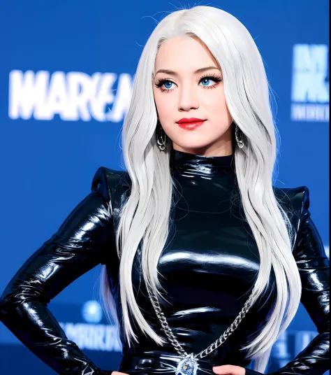 Chica de cabello blanco traje al estilo de Marvel como Black Cat de Marvel traje brillante azul en medio de la ciudad de noche