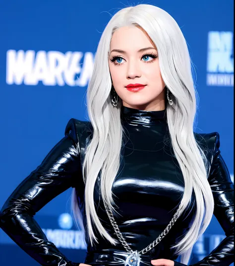 chica de cabello blanco traje al estilo de marvel como black cat de marvel traje brillante azul en medio de la ciudad de noche