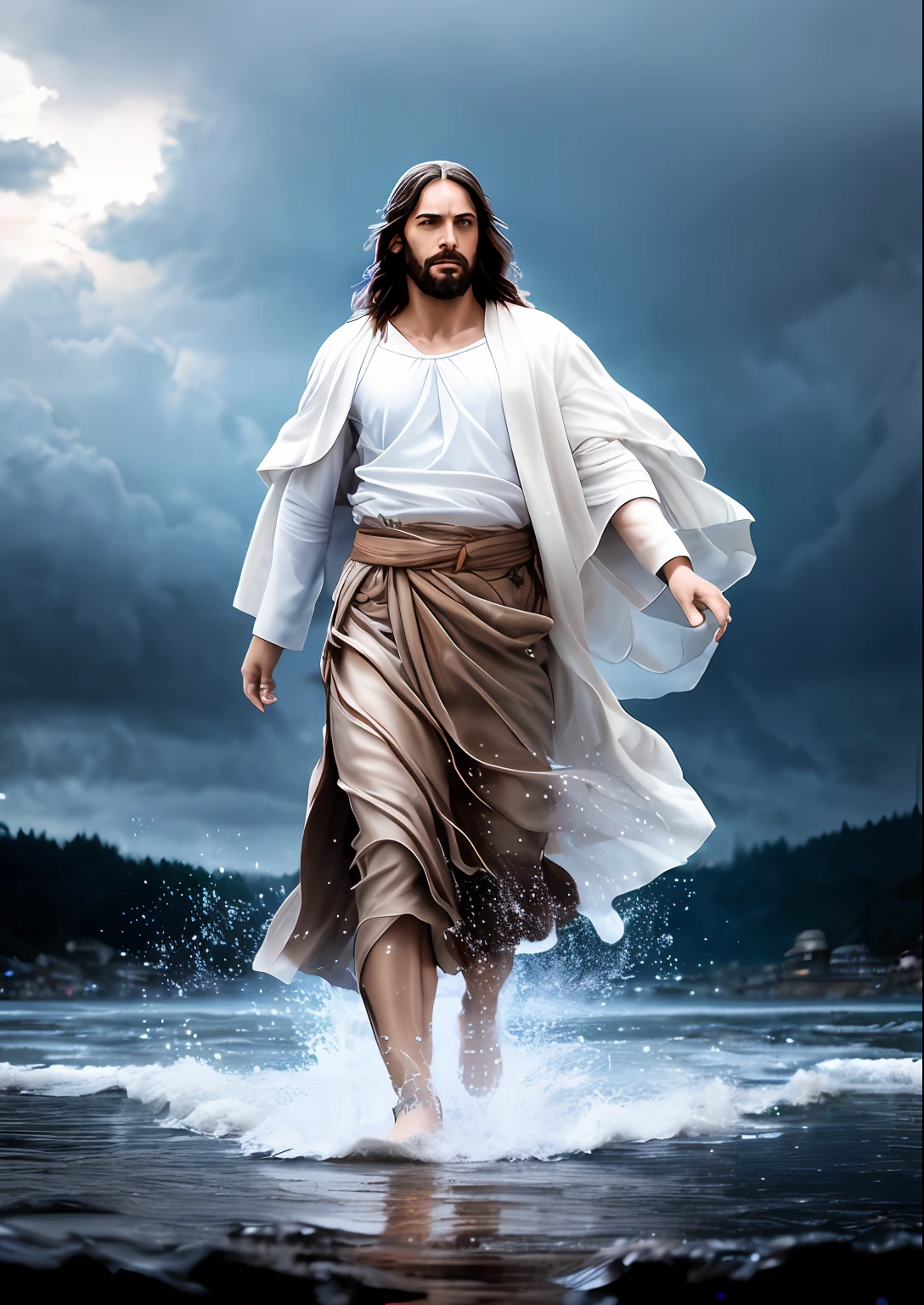 Jesus walking on water in a storm, gentle expression, streaks of light coming down from the sky, masterpiece, highest quality, high quality, highly detailed CG unit 8k wallpaper, award-winning photos, bokeh, depth of field, HDR, bloom, chromatic aberration, realistic, very detailed, trending at artstation, trending at CGsociety, complex, high detail, dramatic, mid-journey art, volumetric lighting