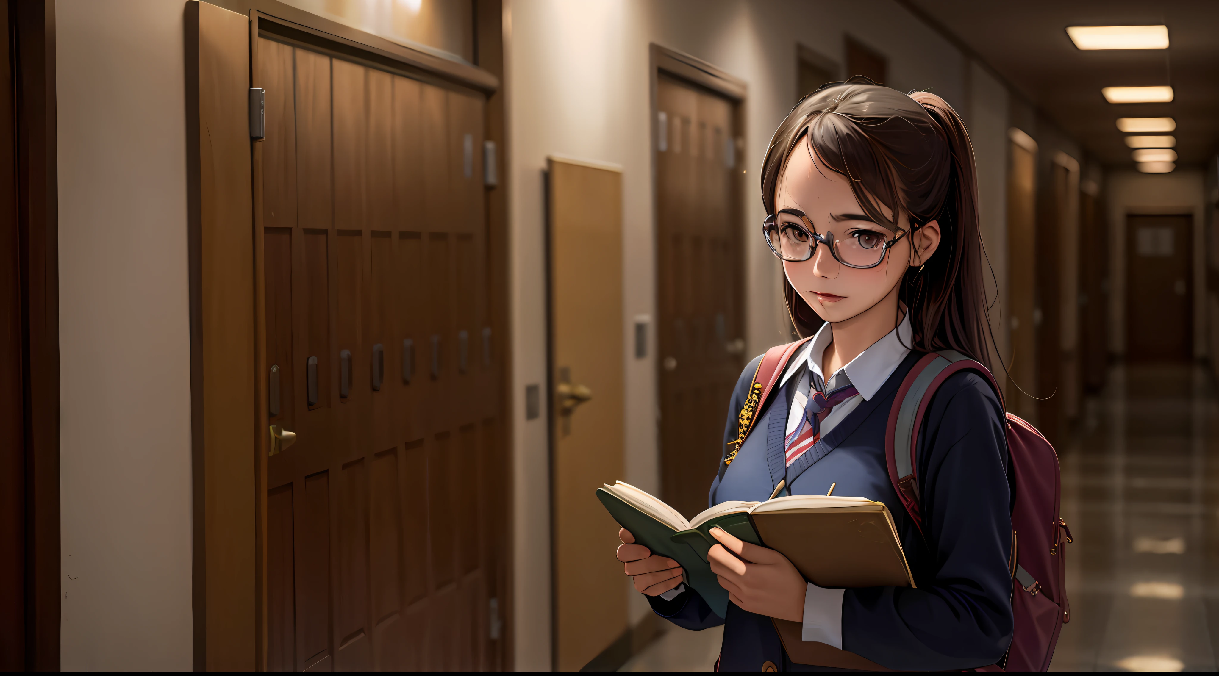 Woman in glasses carrying 4 books in a hallway, uma aluna hiperrealista, aluna hiperrealista, portrait of high school girl, Estudante realista, estudante, menina bonita do anime high school, menina vestindo o uniforme, Cyber Escola Menina, adolescente estudante feminina, ainda de um filme live action, girl with glasses, foto de retrato, wearing japanese school uniform